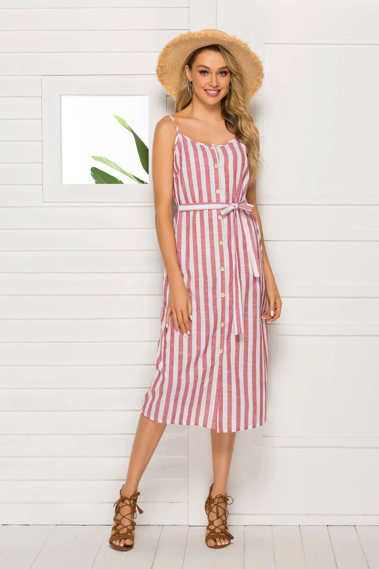 Tie Belt Dress With Buttons Closure Striped 100% Linen Dress