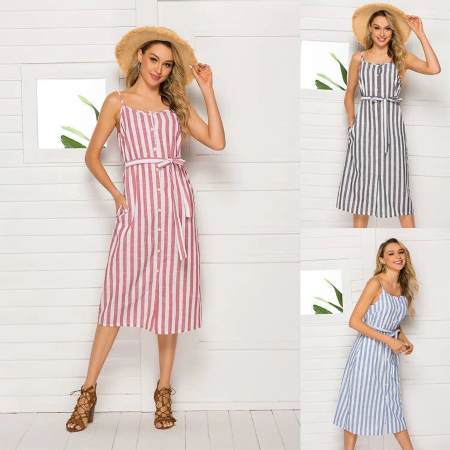 Tie Belt Dress With Buttons Closure Striped 100% Linen Dress
