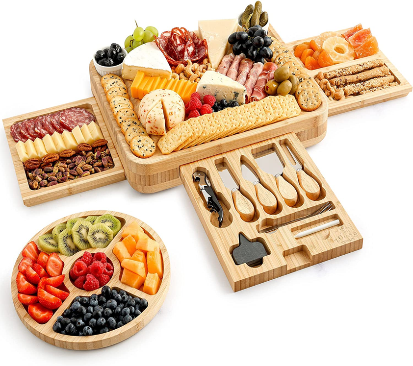Bamboo Cheese Board Deluxe Set with Pull Out Trays, Fruit Tray, Complete Cutlery Set, and 2 Ceramic Bowls
