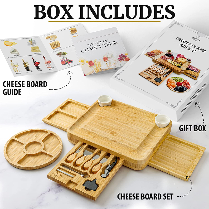 Bamboo Cheese Board Deluxe Set with Pull Out Trays, Fruit Tray, Complete Cutlery Set, and 2 Ceramic Bowls