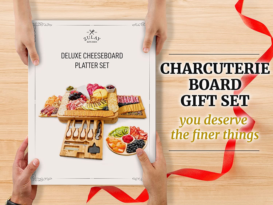 Bamboo Cheese Board Deluxe Set with Pull Out Trays, Fruit Tray, Complete Cutlery Set, and 2 Ceramic Bowls
