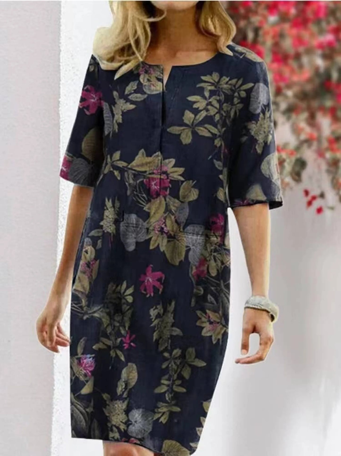 Handmade- Elegant 100% Linen Multi Floral Dress