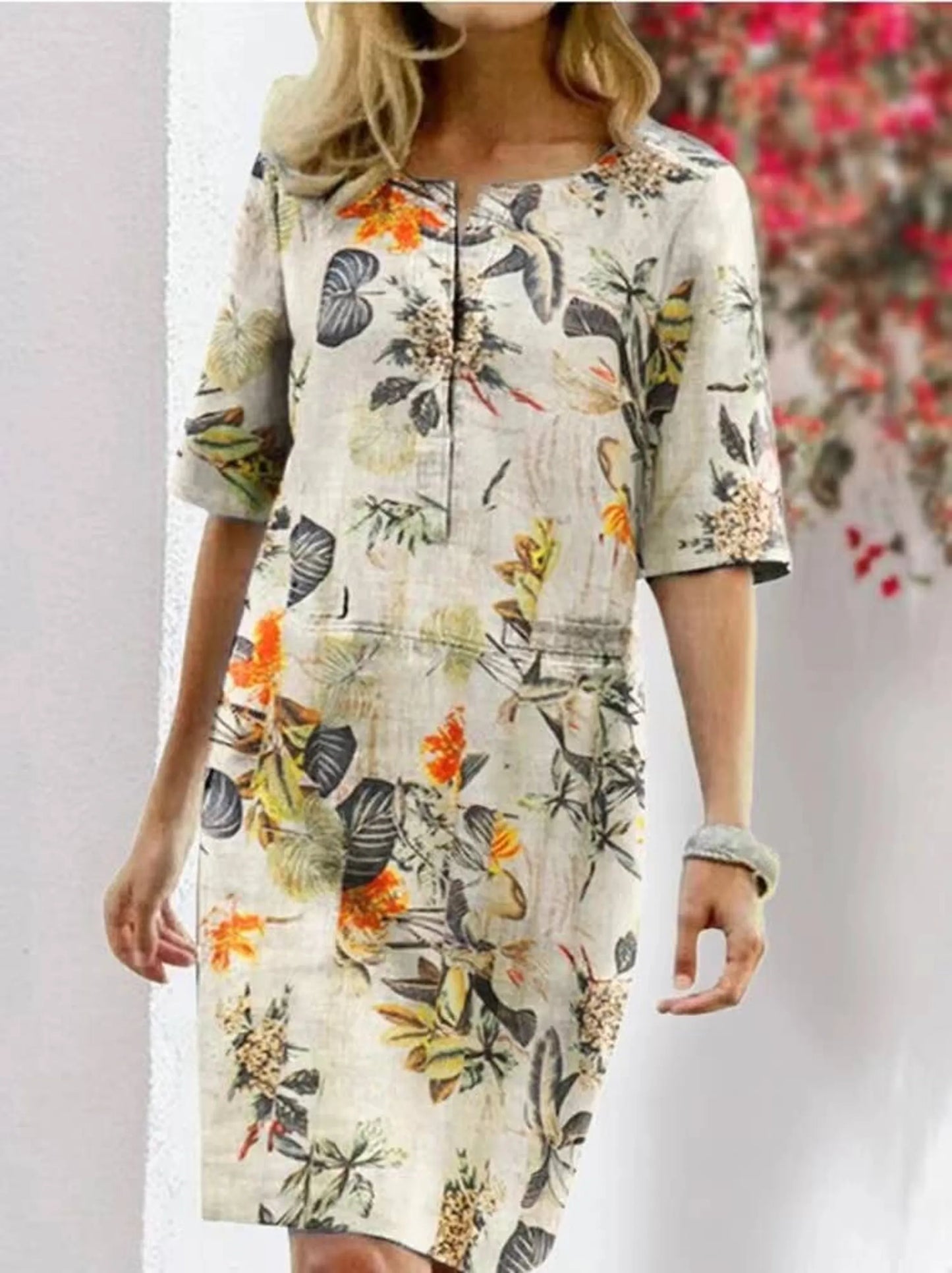 Handmade- Elegant 100% Linen Multi Floral Dress