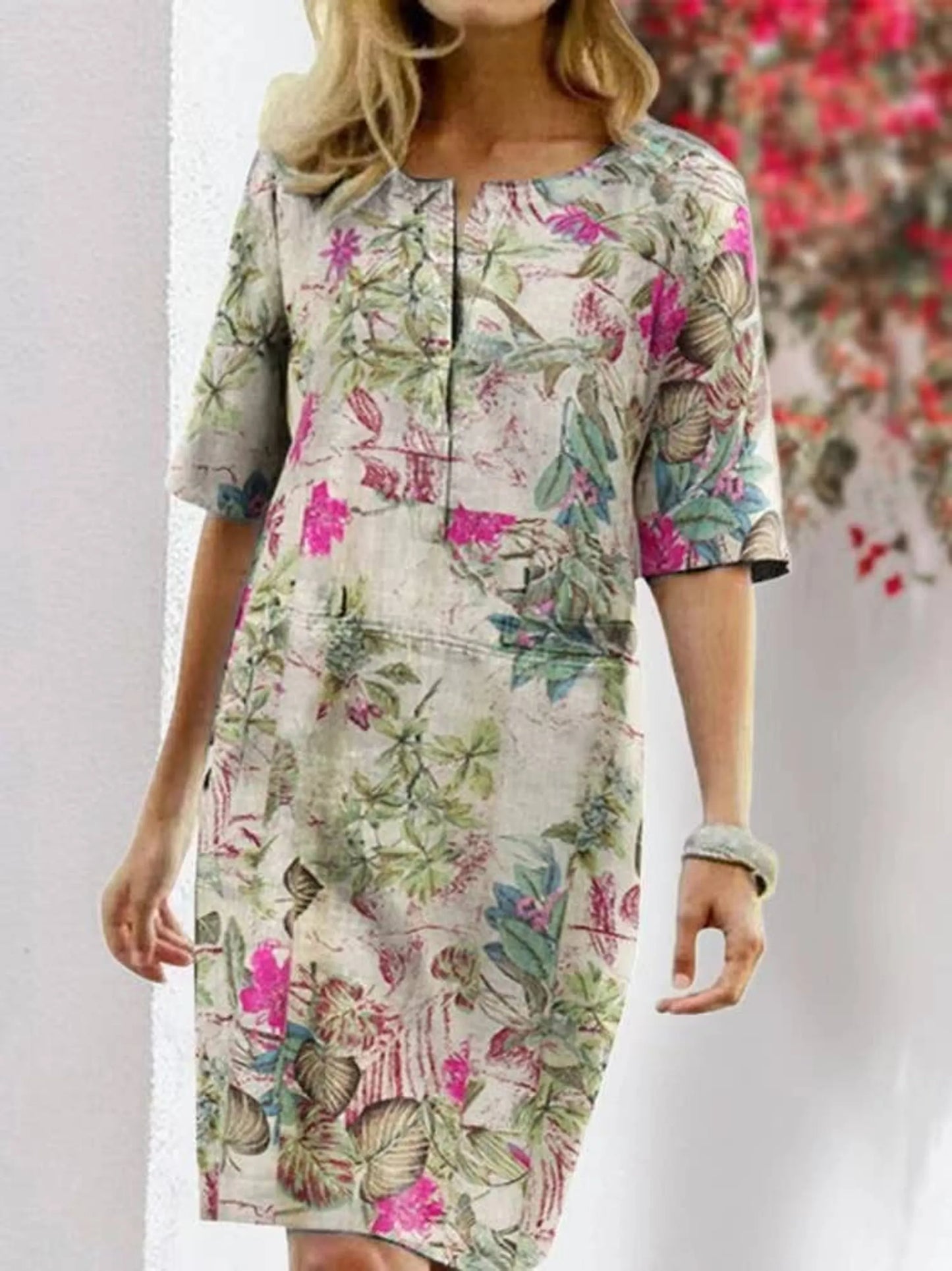 Handmade- Elegant 100% Linen Multi Floral Dress