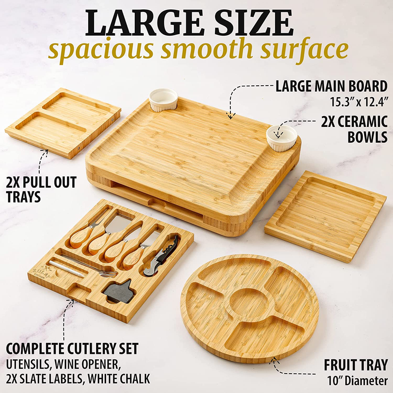 Bamboo Cheese Board Deluxe Set with Pull Out Trays, Fruit Tray, Complete Cutlery Set, and 2 Ceramic Bowls