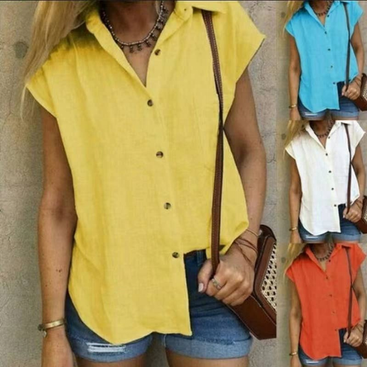 100% Linen Button Up Blouse in Yellow, Light Blue, White, or Orange