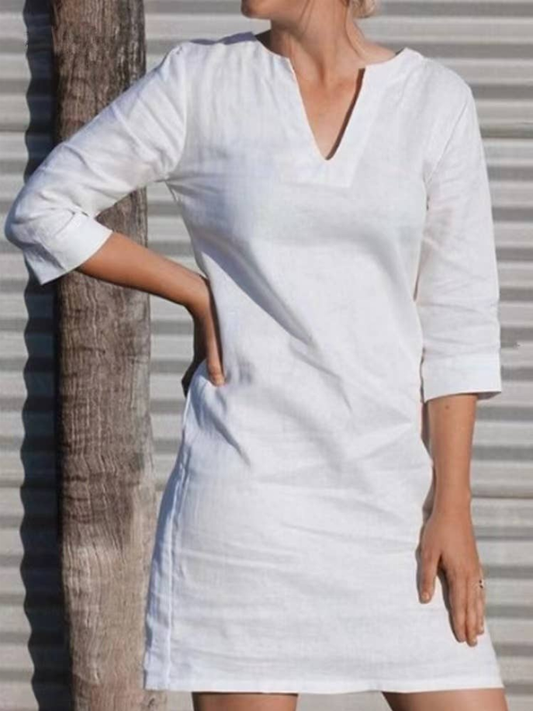 100% Linen White V-Neck 3/4 Sleeve Dress