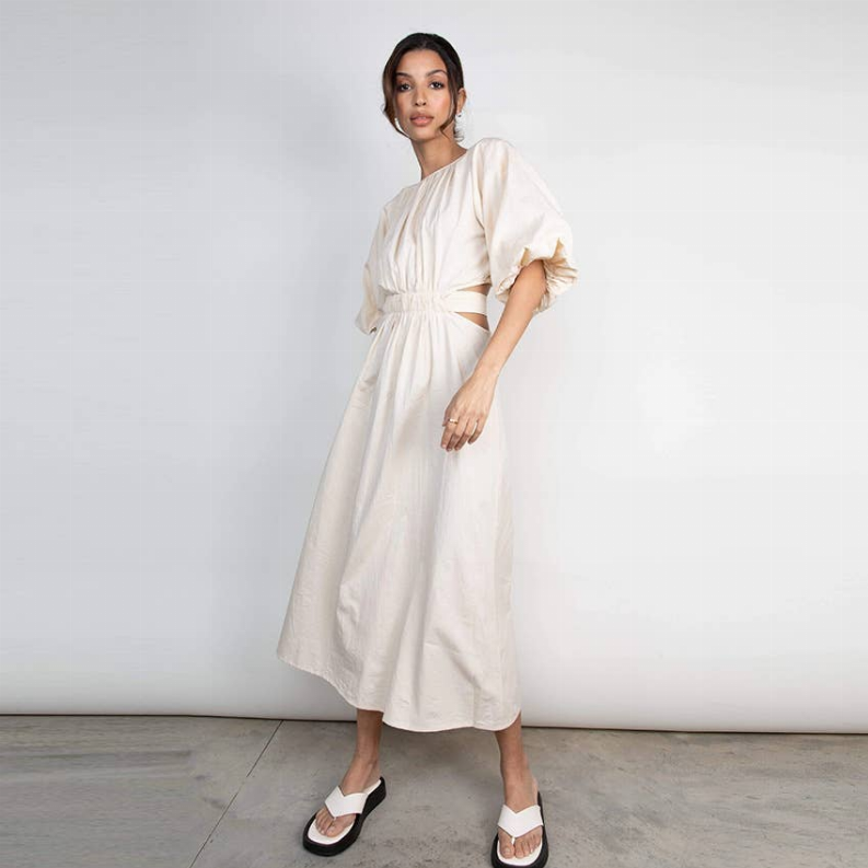100% Linen Cutout Waist Midi Dress Style 63