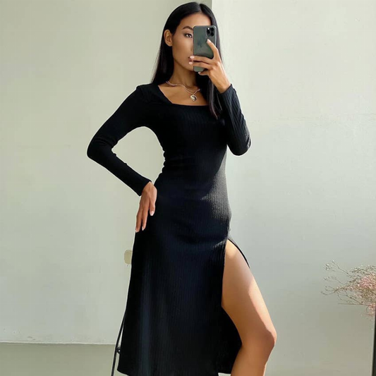 100% Linen Long Sleeve Thigh Split Midi Dress Style 59 in Black or Beige