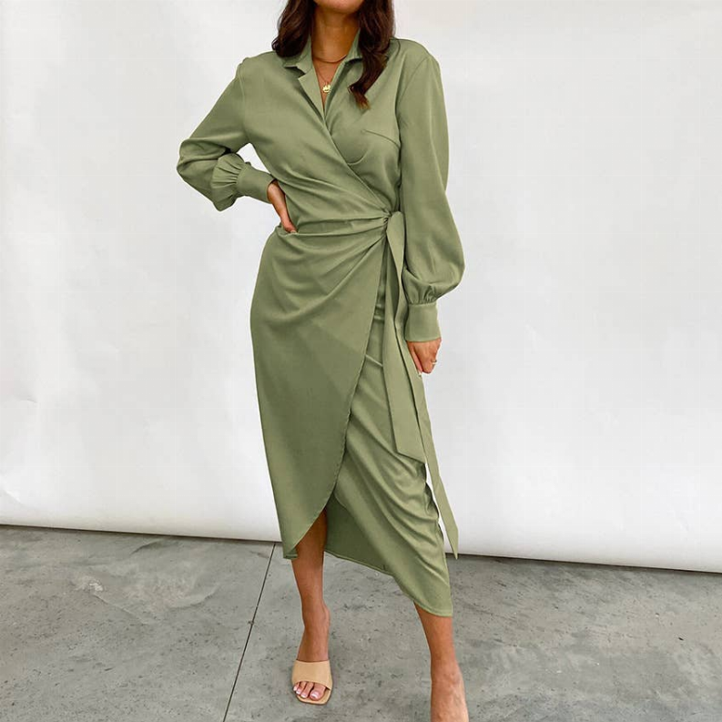 100% Linen Long Sleeve Wrap Midi Dress Style 54 in Sage Green or White