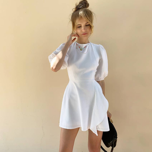 100% Linen White Open Back Mini Dress Style 49