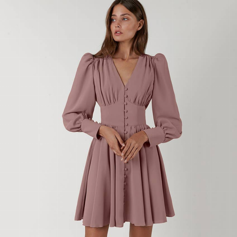 100% Linen Long Sleeve Fitted Button Up Mini Dress Style 55 in Rose Red, Ivory Beige, or Black