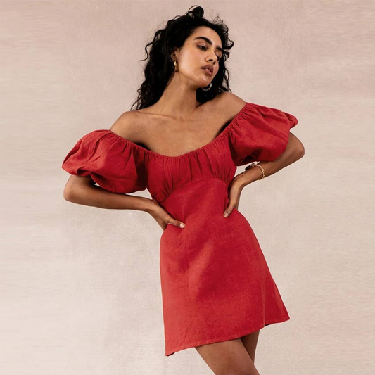 100% Linen Off the Shoulder Red Mini Dress Style 35