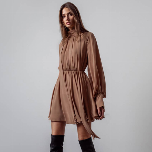 100% Linen Long Sleeve Mini Dress Style 56 in Brown or Black