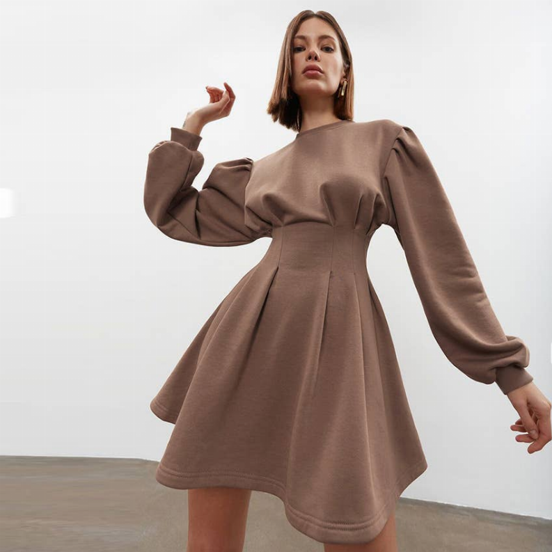 100% Linen Flare Long Sleeve Mini Dress Style 61