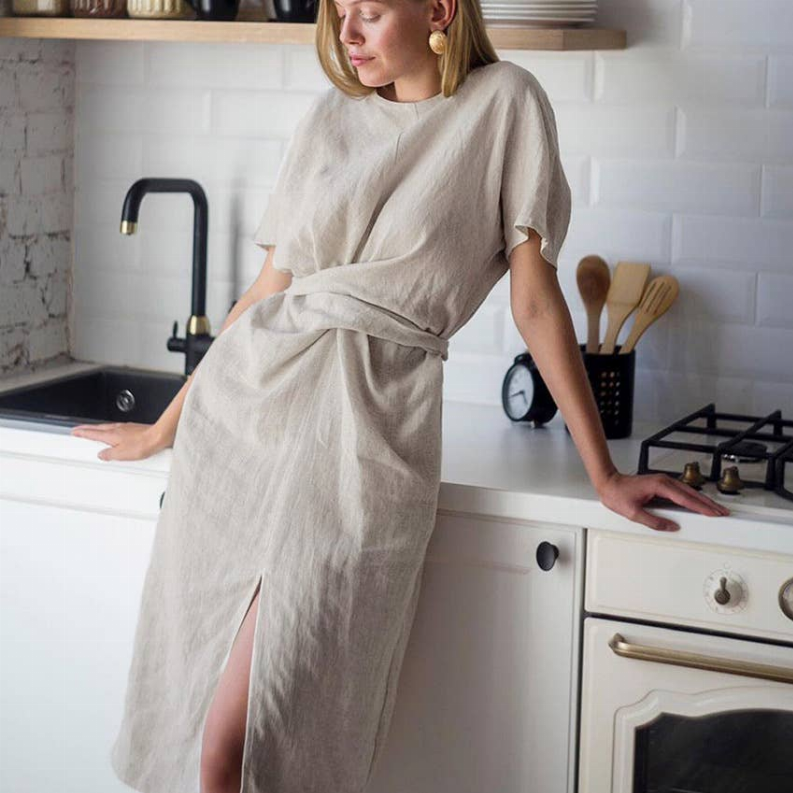 100% Linen Midi Dress Style 42 Khaki Beige