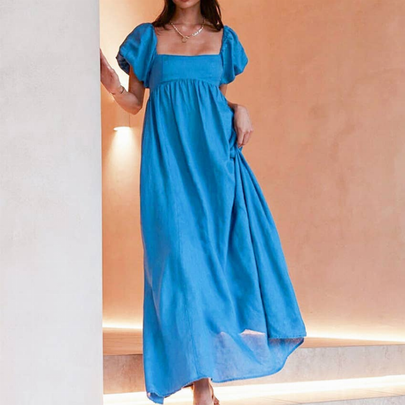 100% Linen Elegant Ankle Length Blue Dress with Pockets Style 40