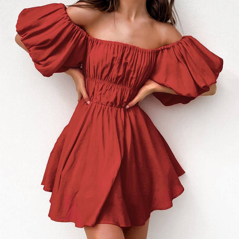 100% Linen Flutter Ruched Off the Shoulder Rustic Red Dress Style 38