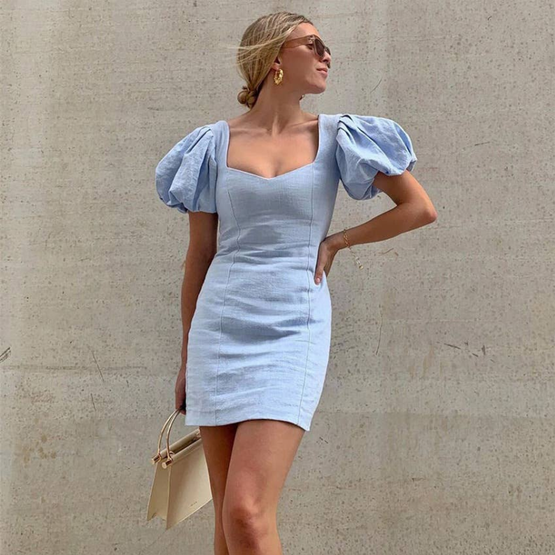 100% Linen Sky Blue Mini Dress Style 33