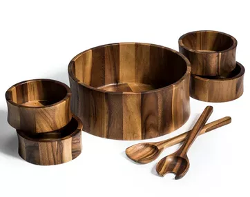 7 Piece - Extra Large Acacia Wood Salad Bowl with Servers and 4 Individuals