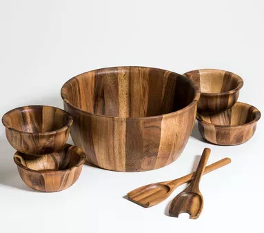 7 Piece - X-Large Acacia Wood Salad Bowl with Servers and 4 Individuals